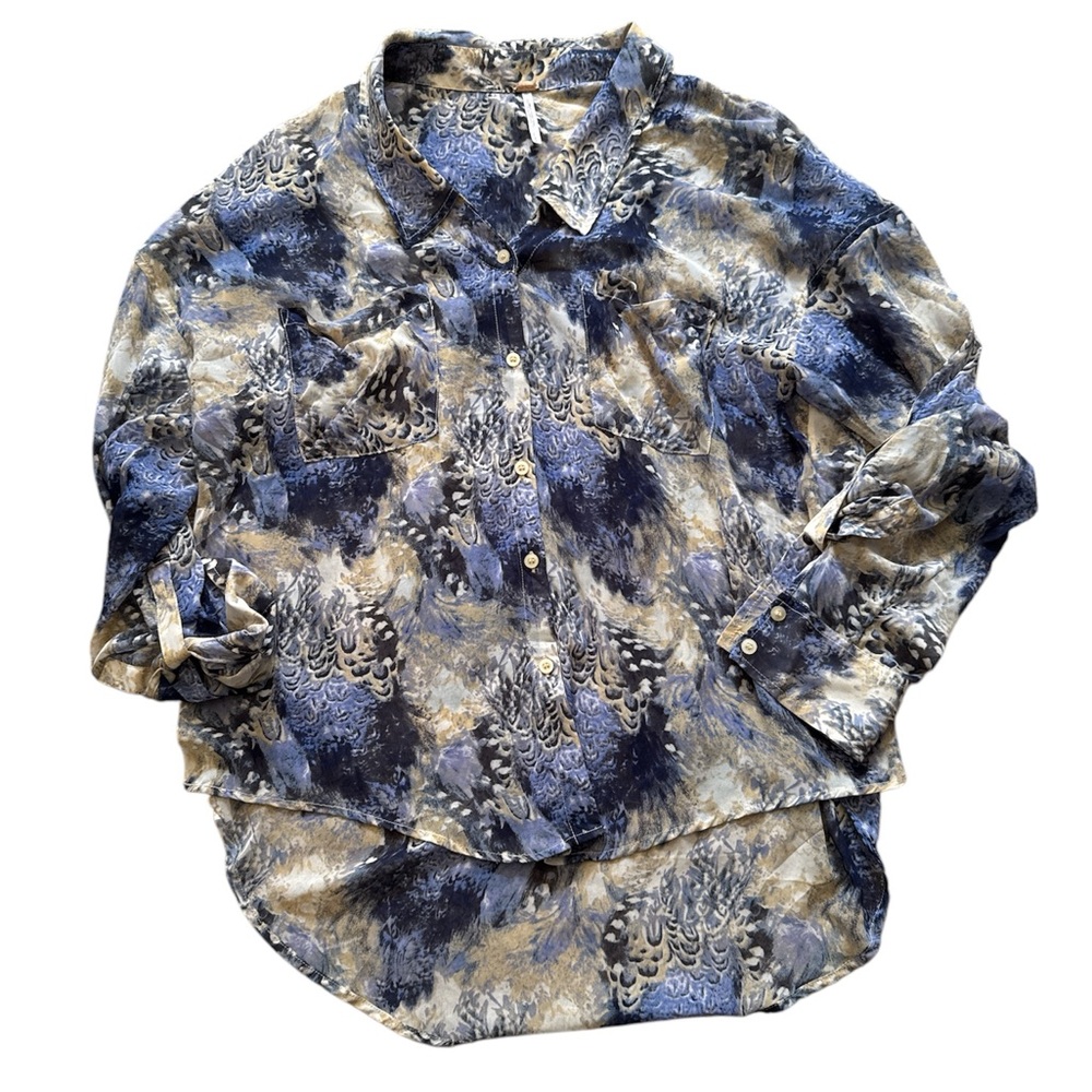 Free People Boho Style Sheer Blouse Shirt Top Size Small HiLow Blue